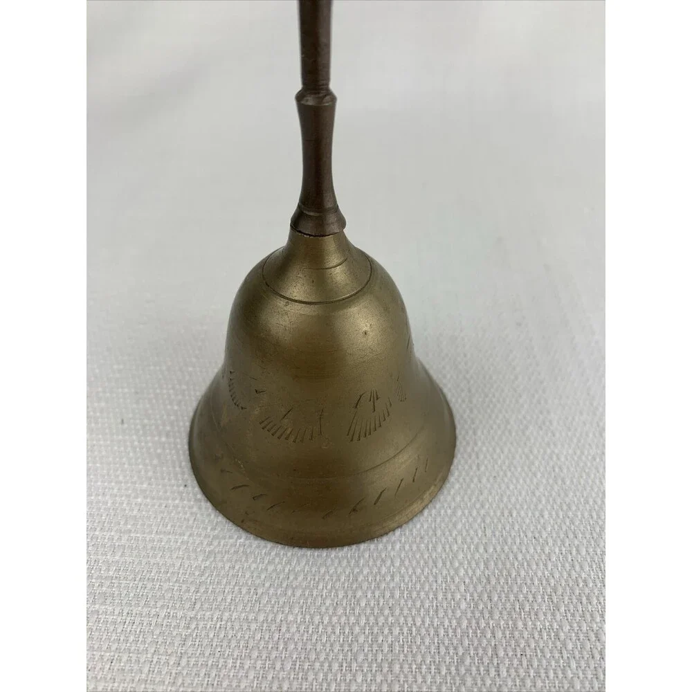 Vintage 6” Etched Brass Bell Made‎ In India Hand Bell Ringer Dinner Table